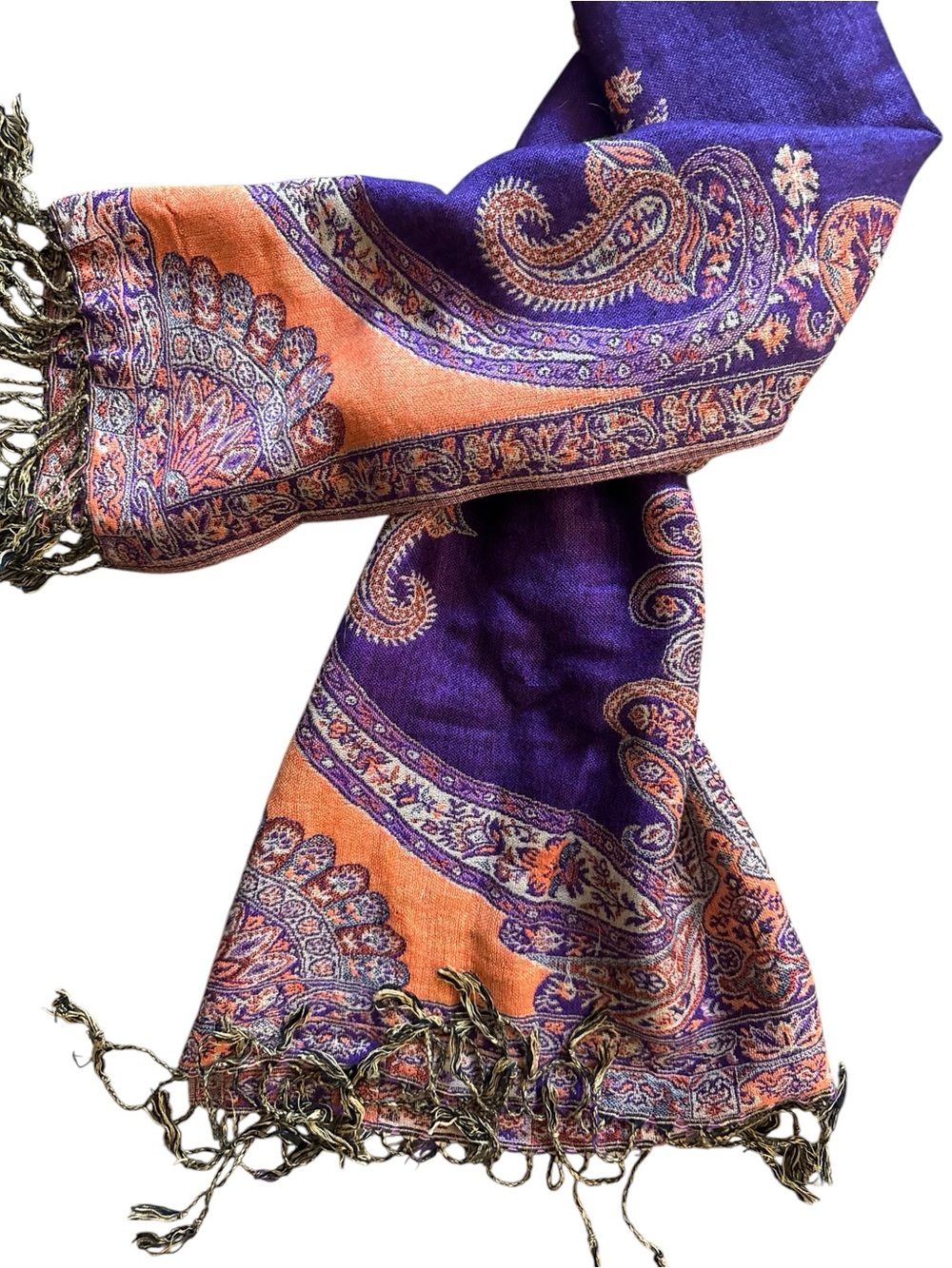 💜VTG 90s Women’s Purple Orange Tapestry Paisley Boho Fall Fringe Pashmina Scarf